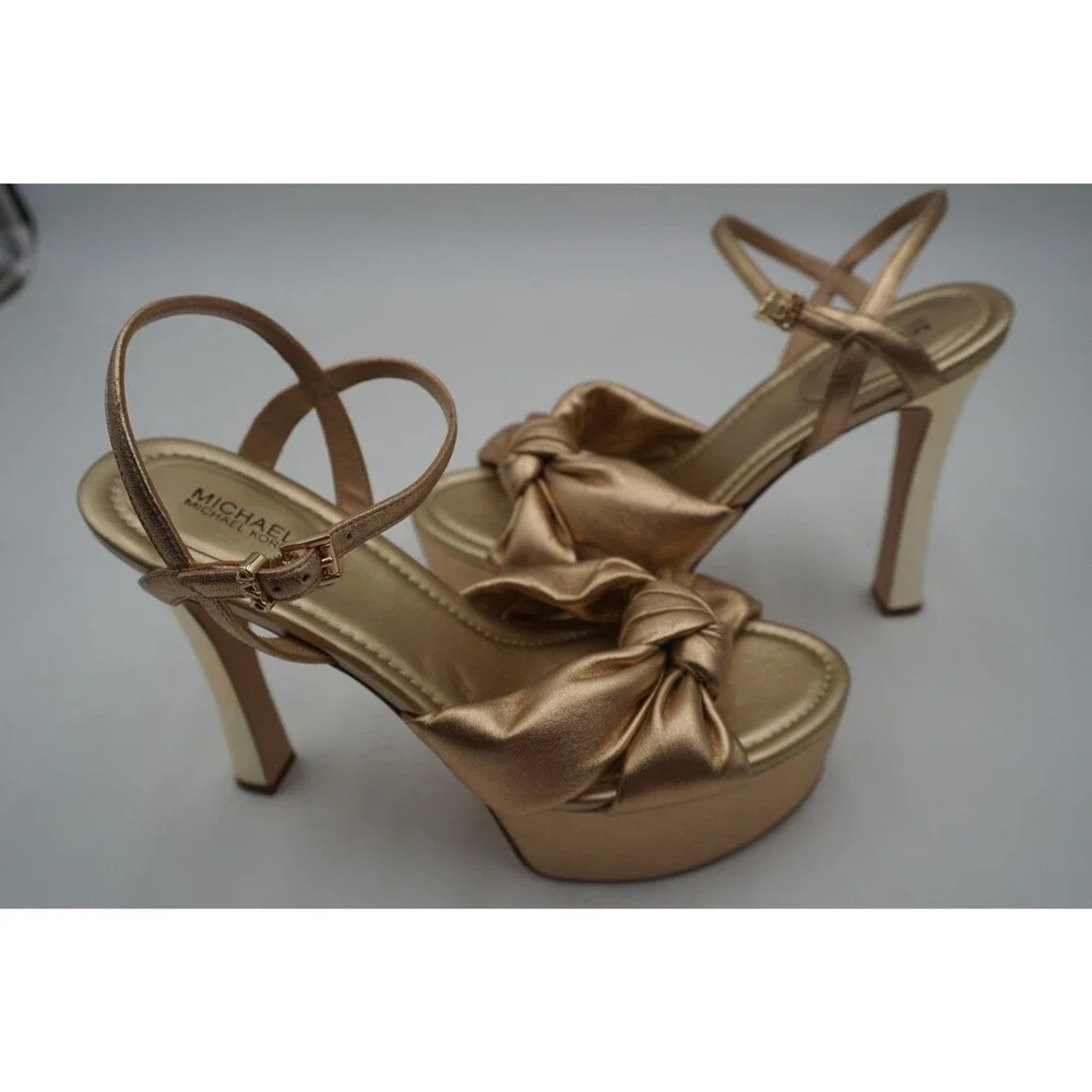 Michael Kors Elena Metallic Gold Leather Knot Platform Ankle Strap Heels Sz 10M